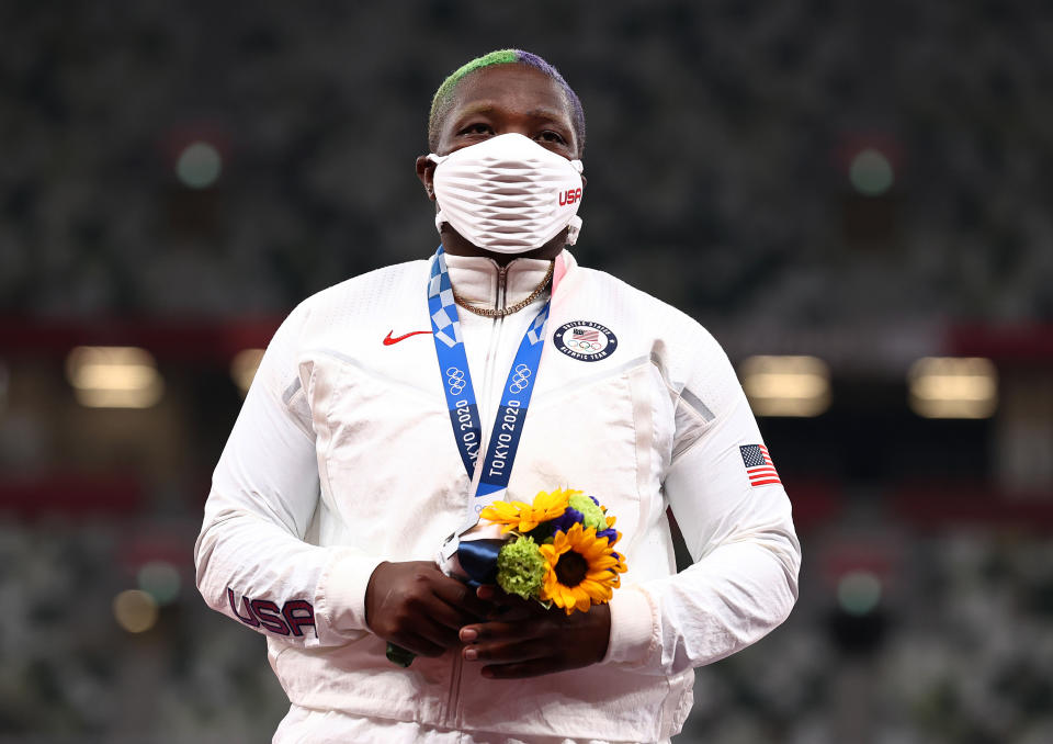 Raven Saunders of Team United States celebrates with her silver medal during the medal ceremony.