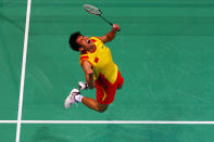 BEIJING - AUGUST 17: Lin Dan of China celebrates winning the gold medal in the Men's Singles Gold Medal Match against Lee Chong Wei of Malaysia held at the Beijing University of Technology Gymnasium during Day 9 of the Beijing 2008 Olympic Games on August 17, 2008 in Beijing, China. (Photo by Cameron Spencer/Getty Images)