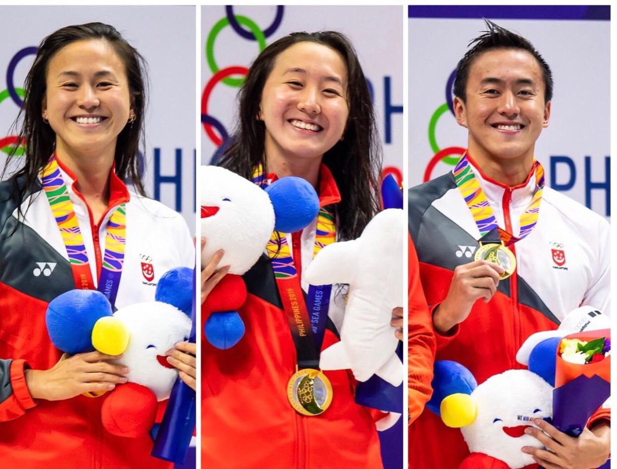 The Quah swimming siblings (from left) Ting Wen, Jing Wen and Zheng Wen all clinched gold medals on the same day. (PHOTOS: Andy Chua/SNOC)