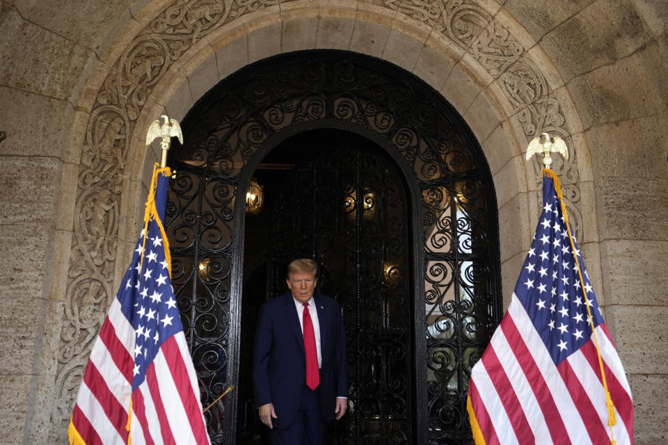 Republican presidential candidate former President Donald Trump arrives to speak at his Mar-a-Lago estate Thursday, Feb. 8, 2024, in Palm Beach, Fla.(AP Photo/Rebecca Blackwell)