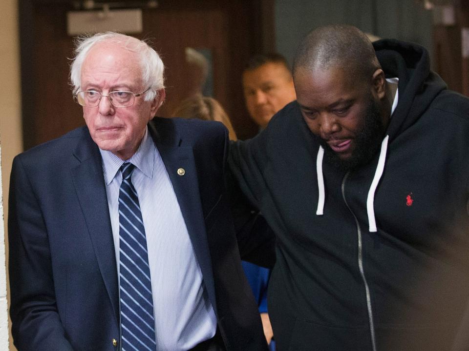 Democratic presidential candidate Sen. Bernie Sanders (D-VT) arrives for a rally at Claflin University with rapper Killer Mike on February 26, 2016 in Orangeburg, South Carolina
