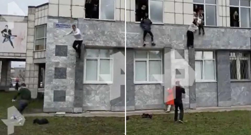 People climb out windows at Perm State University in Russia to escape a gunman.