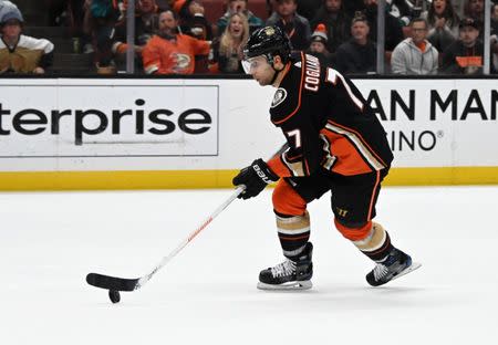 FILE PHOTO: Nov 21, 2018; Anaheim, CA, USA; Anaheim Ducks left wing Andrew Cogliano (7) handles the puck against the Vancouver Canucks in the second period at Honda Center. Mandatory Credit: Kirby Lee-USA TODAY Sports