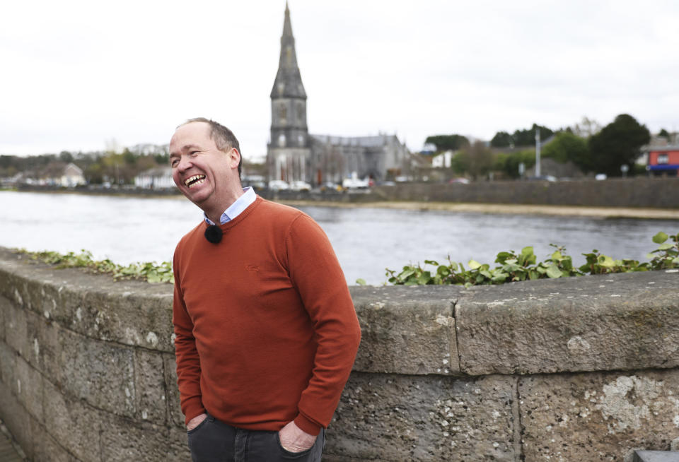 Joe Blewitt, a cousin of President Joe Biden laughs as he speaks to the media in his home town of Ballina, Ireland, Tuesday, April, 4, 2023. Excitement is building in Ballina, a small Irish town that was home to some of President Joe Biden's ancestors. Biden is scheduled to visit the town next week, part of a four-day trip to Ireland and neighboring Northern Ireland. (AP Photo/Peter Morrison)