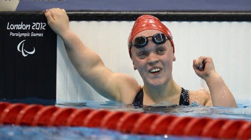 Great Britain's Eleanor Simmonds celebrates as she wins the Women's 200 metres IM Final SM6 category during the London 2012 Paralympic Games at the Aquatics Centre in the Olympic Park in east London on September 3, 2012. Athletes at the London Paralympics are on course to break more world records than in Beijing four years ago, the International Paralympic Committee (IPC) said on Tuesday