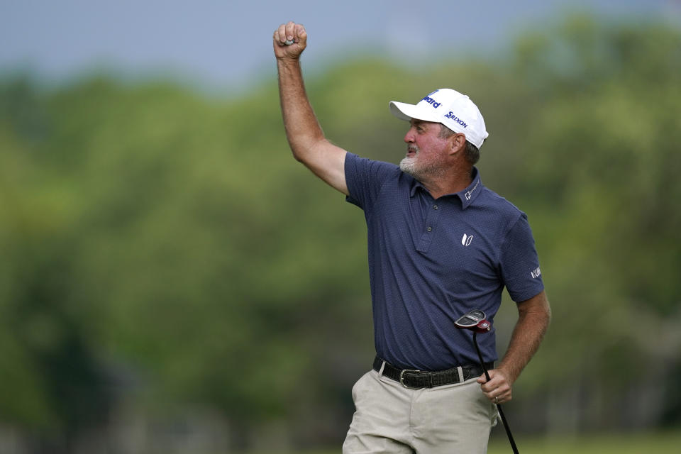 Jerry Kelly celebrates after winning the PGA Tour Champions Principal Charity Classic golf tournament, Sunday, June 5, 2022, in Des Moines, Iowa. (AP Photo/Charlie Neibergall)