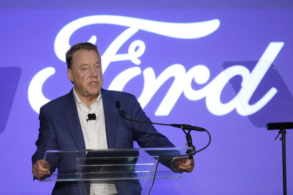 Ford Motor Company Executive Chairman Bill Ford delivers remarks on the future of American manufacturing, Monday, Oct. 16, 2023, in Dearborn, Mich. (AP Photo/Carlos Osorio)