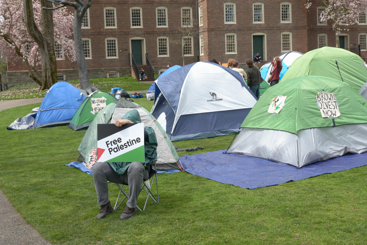 A pro-Palestinian encampment at Brown University in Providence, R.I., on April 24, 2024. (Philip Keith/The New York Times)