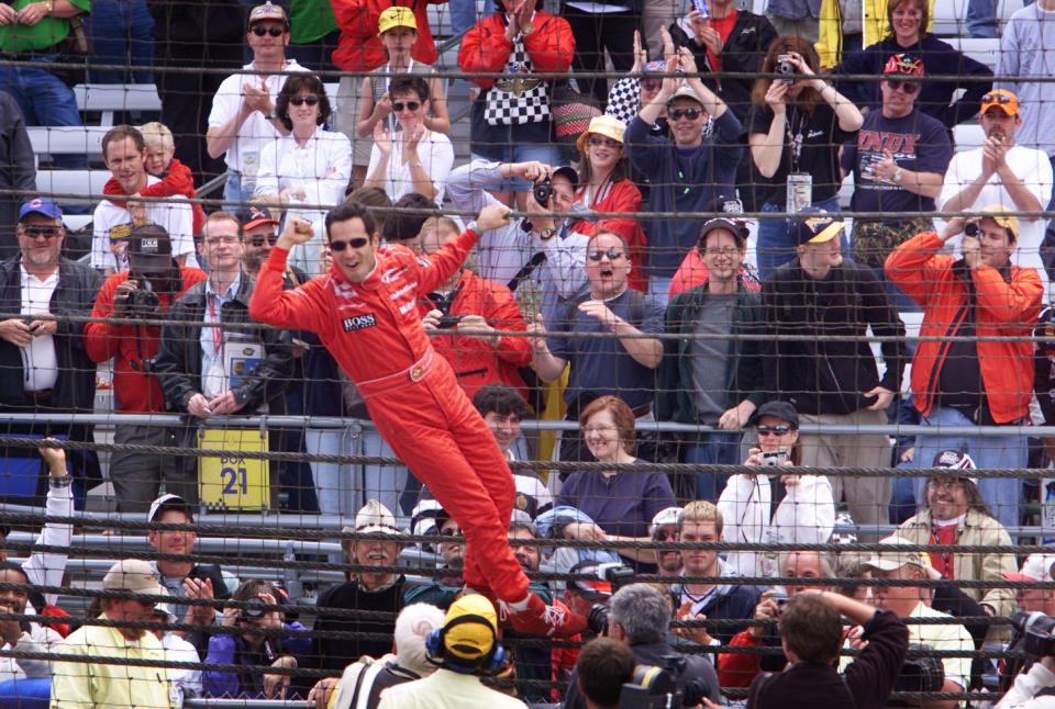 Helio Castroneves livened up his Indianapolis 500 celebration in 2001 by climbing a fence on the outside of the front straight.