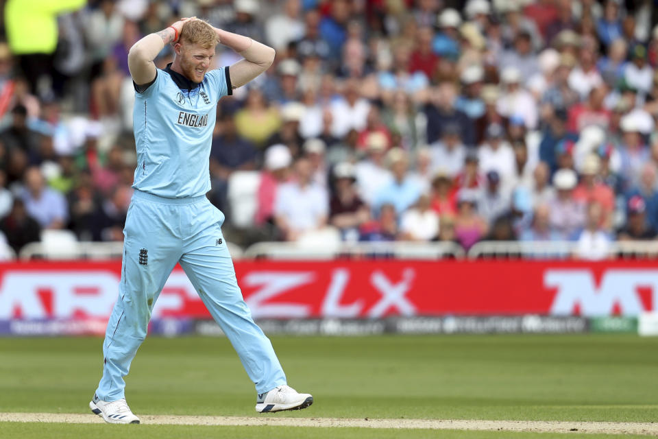 England's Ben Stokes reacts during the Cricket World Cup match between England and Pakistan at Trent Bridge in Nottingham, Monday, June 3, 2019. (AP Photo/Rui Vieira)
