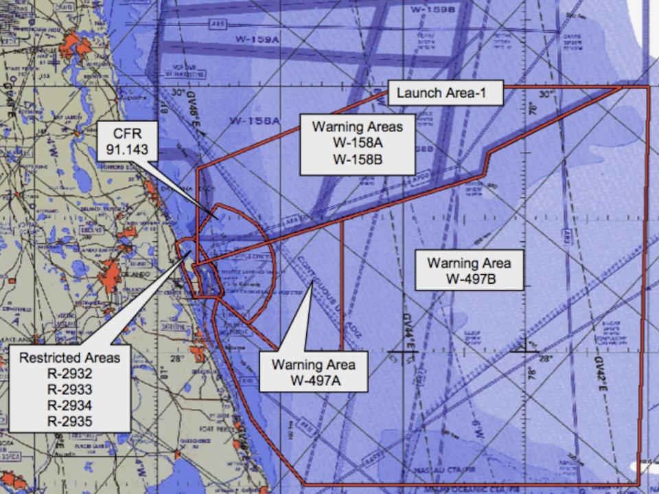 A map of restricted airspace for a 2013 SpaceX Falcon 9 launch.