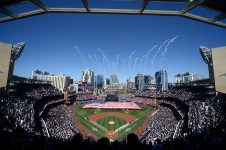 Mar 29, 2018; San Diego, CA, USA; A general view of Petco Park during the national anthem before the game between the Milwaukee Brewers and San Diego Padres. Mandatory Credit: Jake Roth-USA TODAY Sports