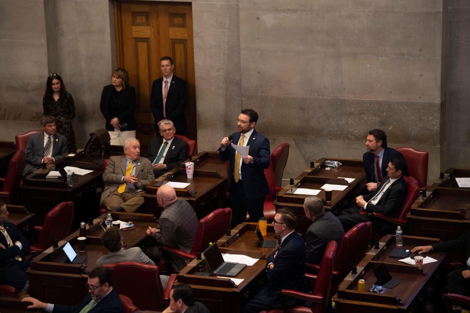 Rep. Jason Zachary R- Knoxville reads off a list the debate speaking times for members of the House during the 2023 regular legislative session including expulsion hearings during the second day of legislative session at Tennessee State Capitol in Nashville , Tenn., Wednesday, Jan. 10, 2024.