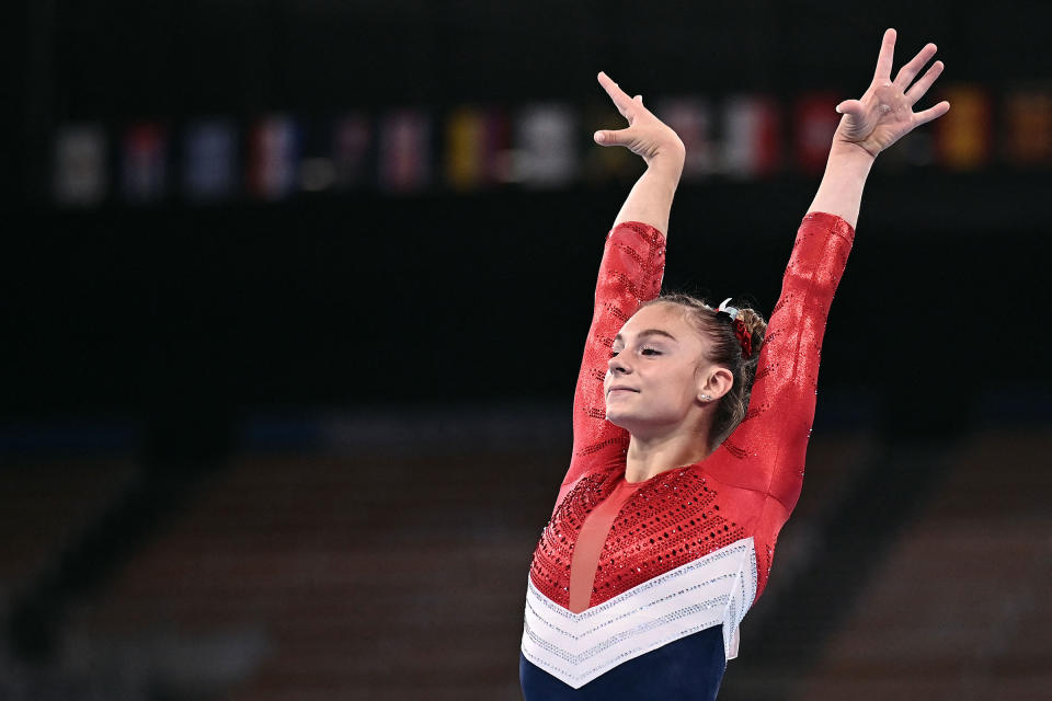 Grace McCallum competes in the balance beam event of the artistic gymnastics women's team final on July 27.<span class="copyright">Lionel Bonaventure—AFP/Getty Images</span>