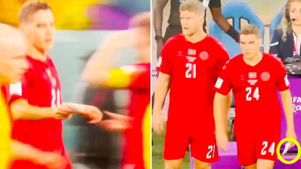 Den mark players Robert Skov and Andreas Cornelius were both spotted carrying notes for their teammates in the crunch World Cup group match against Australia. Pic: Twitter