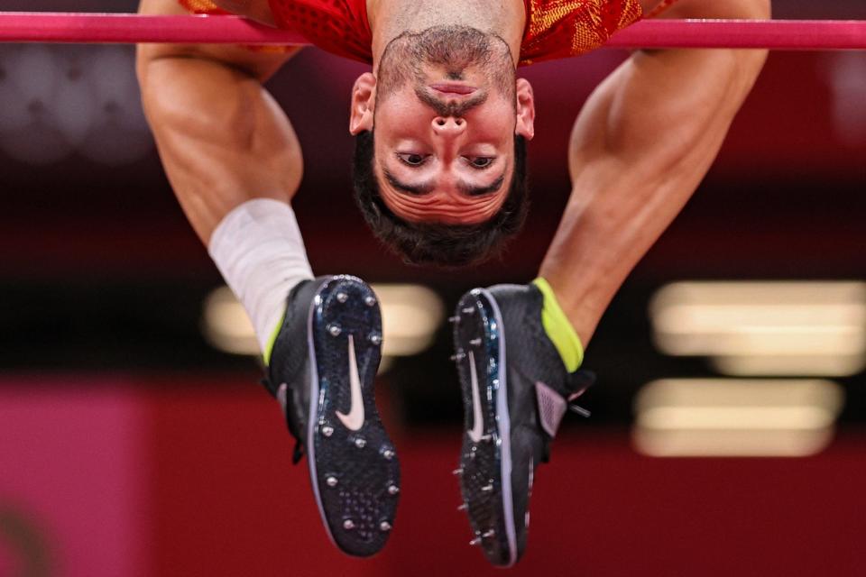 Jorge Urena of Team Spain competes in the men's decathlon high jump at the Tokyo Olympics.