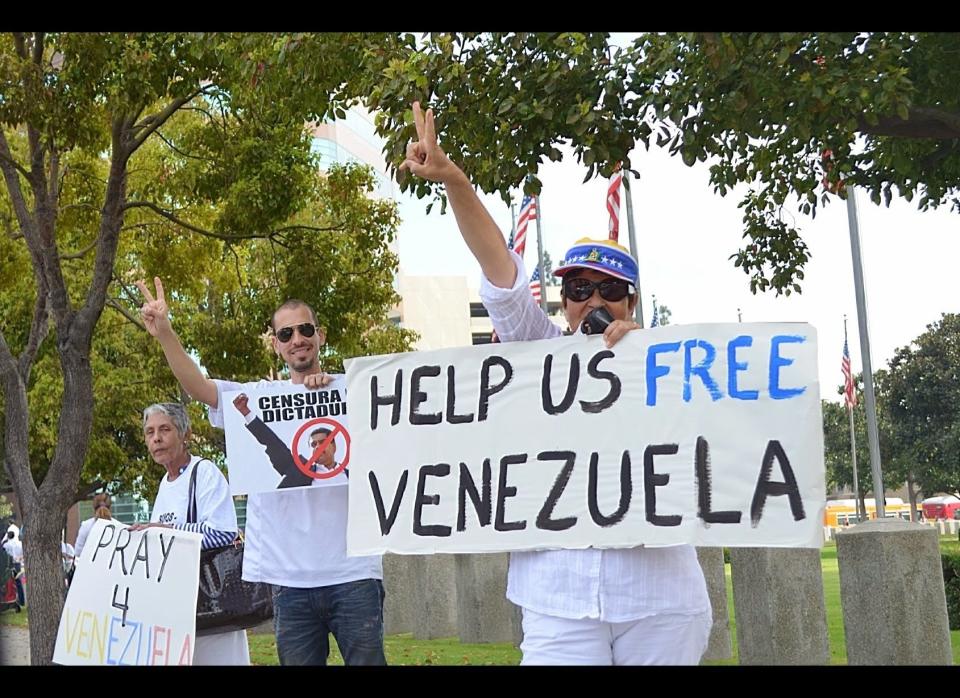 Peace signs were a common gesture of demonstrators at the Los Angeles, California rally.