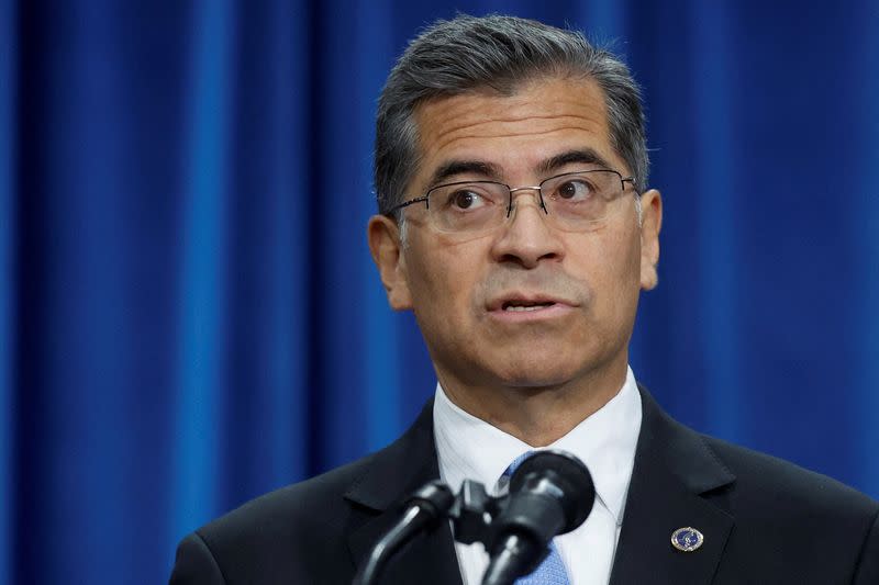 FILE PHOTO: U.S. Secretary of Health and Human Services Becerra hosts a news conference to announce new funding for community mental health facilities, at HHS headquarters in Washington