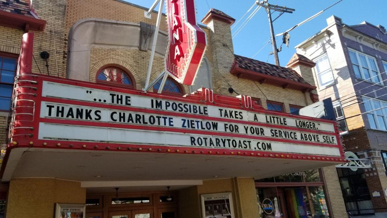 Charlotte Zietlow is honored on the Buskirk-Chumley Theater marquee on Sept. 6, 2021, ahead of the Bloomington Rotary Toast on Nov. 5 at Ivy Tech's Shreve Hall.