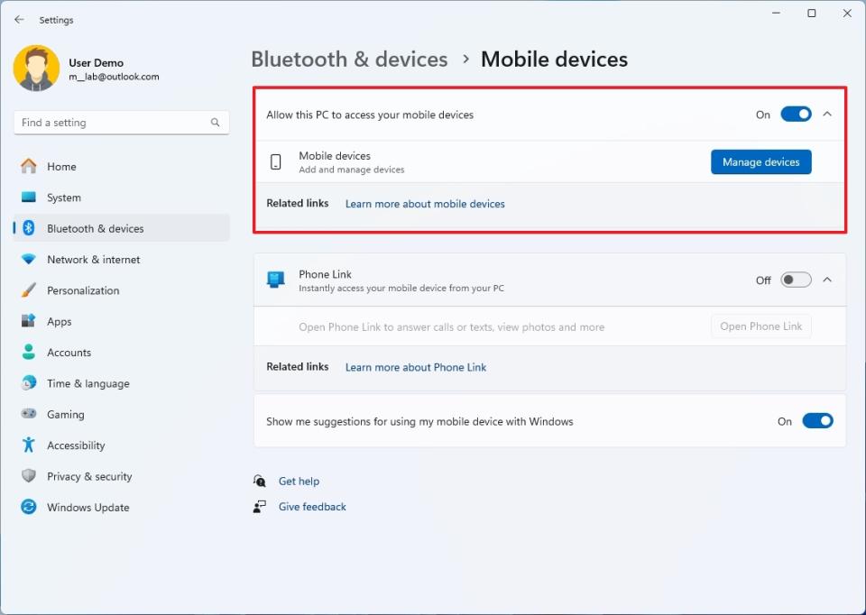 Mobile devices settings