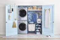<p>Jazz up your laundry room — or closet, in this case — by covering the walls with patterned wallpaper. In this case, use wallpaper with contrasting shades of blue for maximum impact. </p><p><strong>RELATED: </strong><a href="https://www.goodhousekeeping.com/home/organizing/g25572553/laundry-room-ideas/" rel="nofollow noopener" target="_blank" data-ylk="slk:The Most Clever Laundry Room Ideas;elm:context_link;itc:0;sec:content-canvas" class="link ">The Most Clever Laundry Room Ideas </a></p>