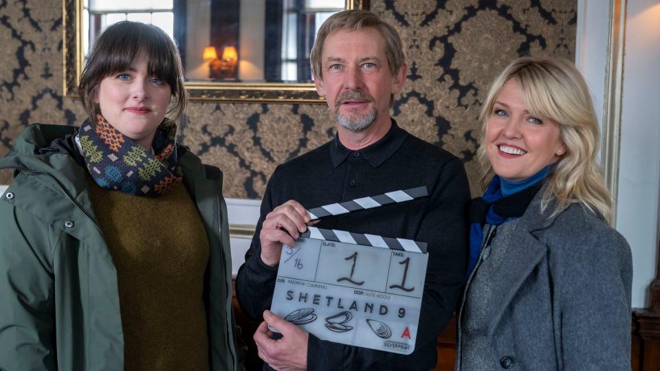 Alison O'Donnell, Ian Hart and Ashley Jensen on the set of Shetland season 9