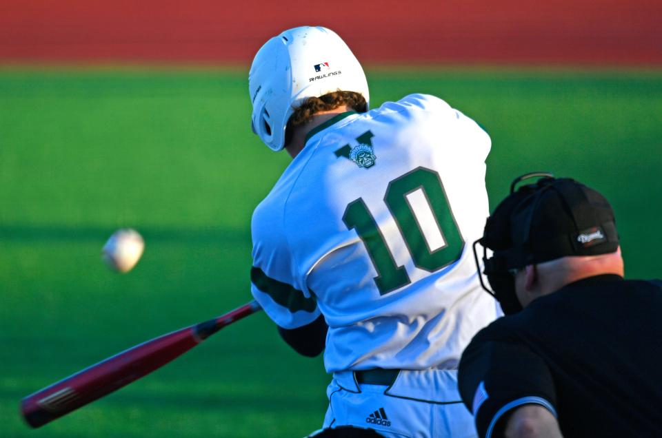 Venice pitcher, Jackson Lucas hits a double driving in three runs in the bottom of the first inning against Riverview, Friday evening March 24, 2023, at Venice High School.