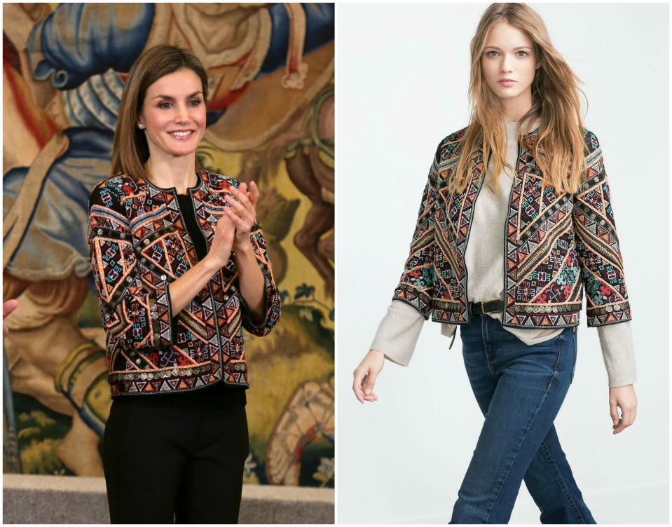 <p>Y es que las chaquetas de la tienda española también le encantan a la esposa de Felipe VI, como nos demostró en 2015 para presumir de estilo étnico. (Foto: Gtres / Zara). </p>