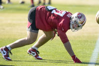 San Francisco 49ers defensive end Nick Bosa (97) practices at the team's NFL football training facility in Santa Clara, Calif., Friday, Jan. 24, 2020. The 49ers will face the Kansas City Chiefs in Super Bowl 54. (AP Photo/Tony Avelar)