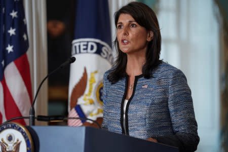 U.S. Ambassador to the United Nations Nikki Haley delivers remarks to the press together with U.S. Secretary of State Mike Pompeo (not pictured), announcing the U.S.'s withdrawal from the U.N's Human Rights Council at the Department of State in Washington, U.S., June 19, 2018. REUTERS/Toya Sarno Jordan