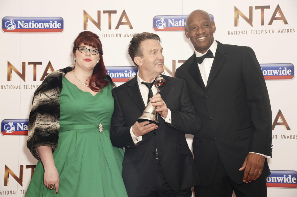 LONDON, ENGLAND - JANUARY 20: (L-R) Jenny Ryan, Bradley Walsh and Shaun Wallace of The Chase, with the award for Daytime, during the 21st National Television Awards at The O2 Arena on January 20, 2016 in London, England. (Photo by Dave J Hogan/Dave J Hogan/Getty Images)