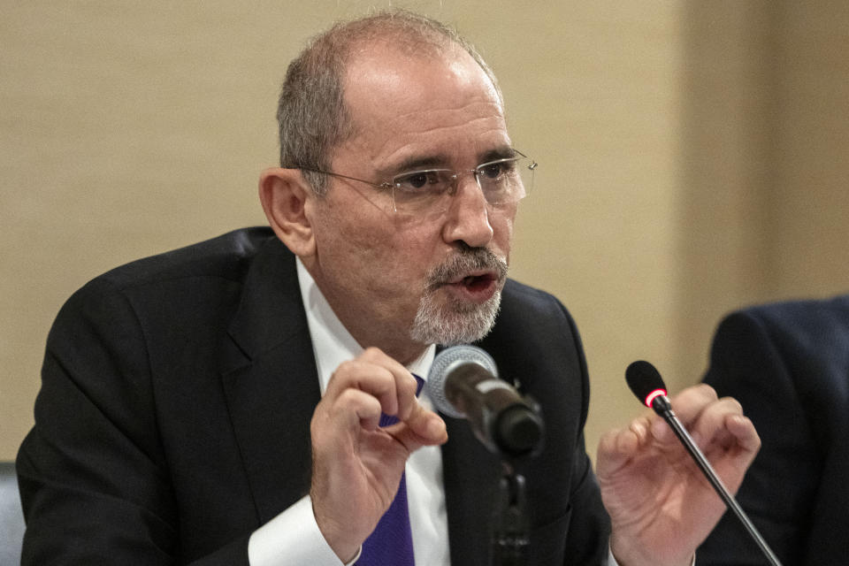 Jordan's Minister of Foreign Affairs Ayman Safadi speaks during a news conference about the Israel-Hamas war Friday, Dec. 8, 2023, in Washington. (AP Photo/Jacquelyn Martin)