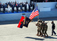 <p>U.S. troops, with soldiers wearing WWI helmets, march past French President Emmanuel Macron, his wife Brigitte Macron, President Donald Trump and First Lady Melania Trump during the traditional Bastille day military parade on the Champs-Elysees in Paris, France, July 14, 2017. (Photo: Charles Platiau/Reuters) </p>