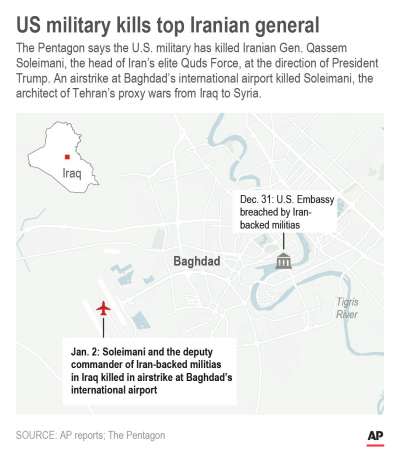 美軍空襲伊朗特種部隊「聖城軍」司令蘇萊曼尼搭乘座機，地點距離美國駐伊拉克大使館不遠。（AP）