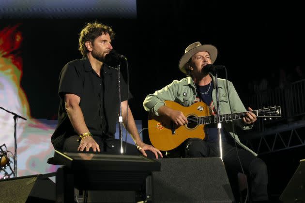 Bradley Cooper and Eddie Vedder of Pearl Jam perform onstage during 2024 BottleRock Napa Valley at Napa Valley Expo on May 25, 2024 in Napa, California. - Credit: Kevin Mazur/WireImage