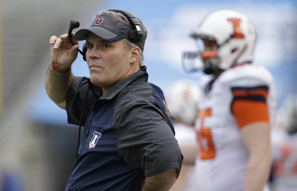 In this Dec. 26, 2014, file photo, former University of Illinois head coach Tim Beckman watches from the sidelines during an NCAA college football game in Dallas. (AP Photo/LM Otero, File)