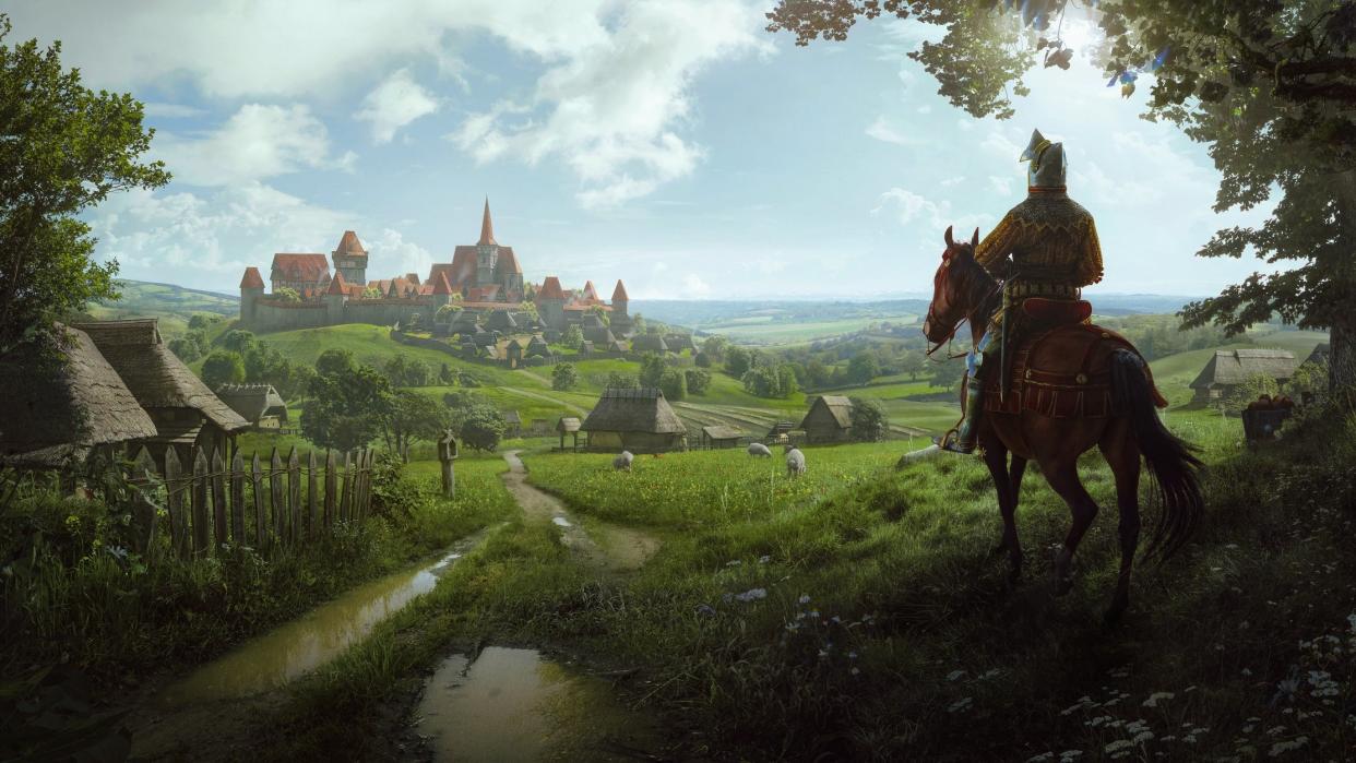  The key art of Manor Lords, showing someone on horseback looking at a castle in the distance. 