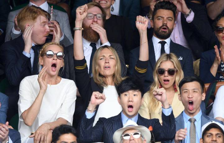 Singaporean singer-songwriter JJ Lin at Wimbledon, pictured sitting near Uma Thurman, Domhnall Gleeson and Dominic Cooper (Photo: LIkes Communications)