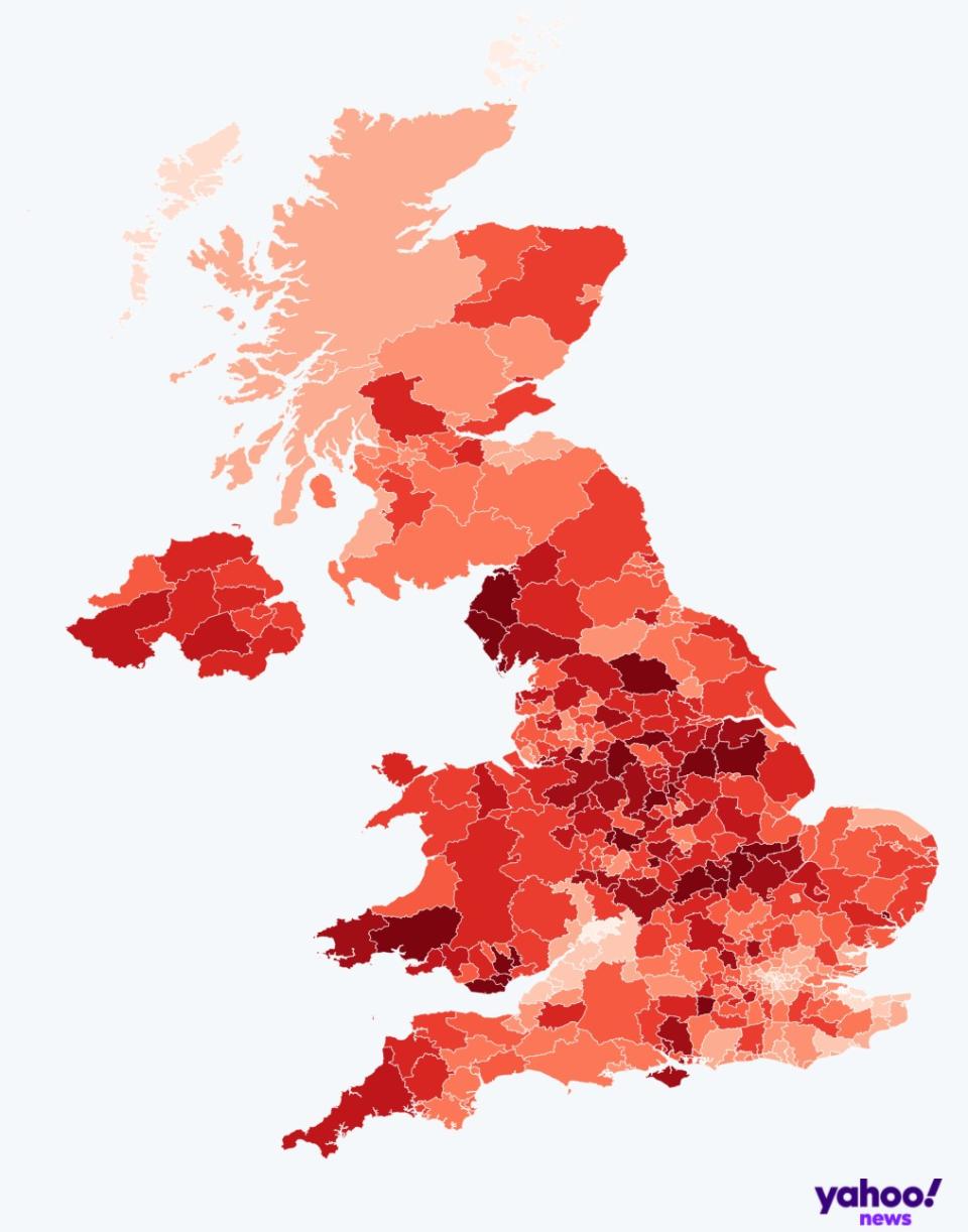 Map of COVID infection rates by local authority. (Yahoo)