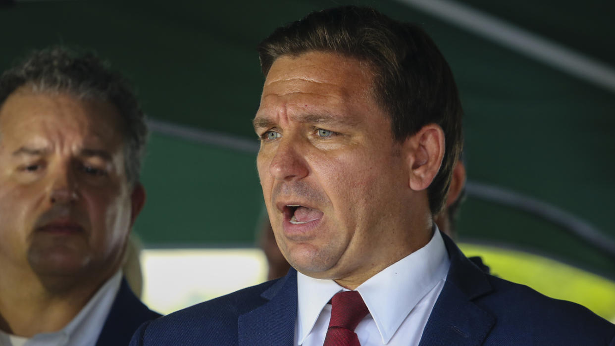 Florida Governor Ron DeSantis speaks during a press conference after 12-storey Champlain Tower partially collapsed in Surfside, Florida, U.S., on June 24, 2021. (Eva Marie Uzcategui Trinkl/Anadolu Agency via Getty Images)