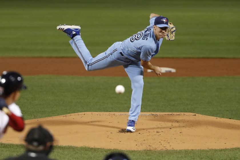 Toronto Blue Jays pitcher Ross Stripling delivers against the Boston Red Sox during the first inning.