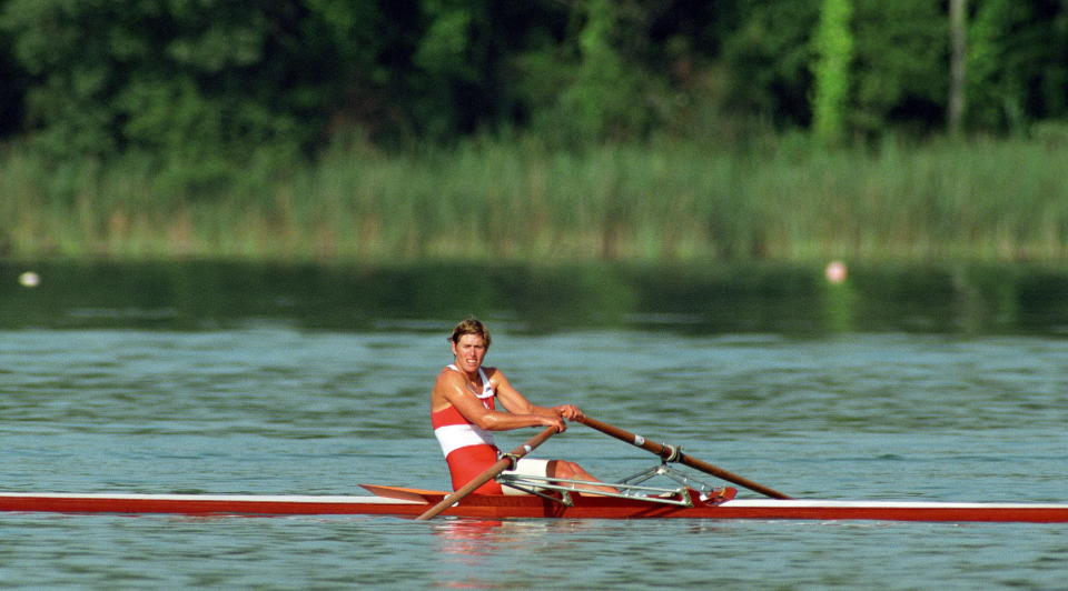 Canadian rower Silken Laumann competes in the Olympic women's single scull competition in Banyoles, Spain on Aug. 2, 1992. Laumann won bronze. The Canadian Press/Ron Poling