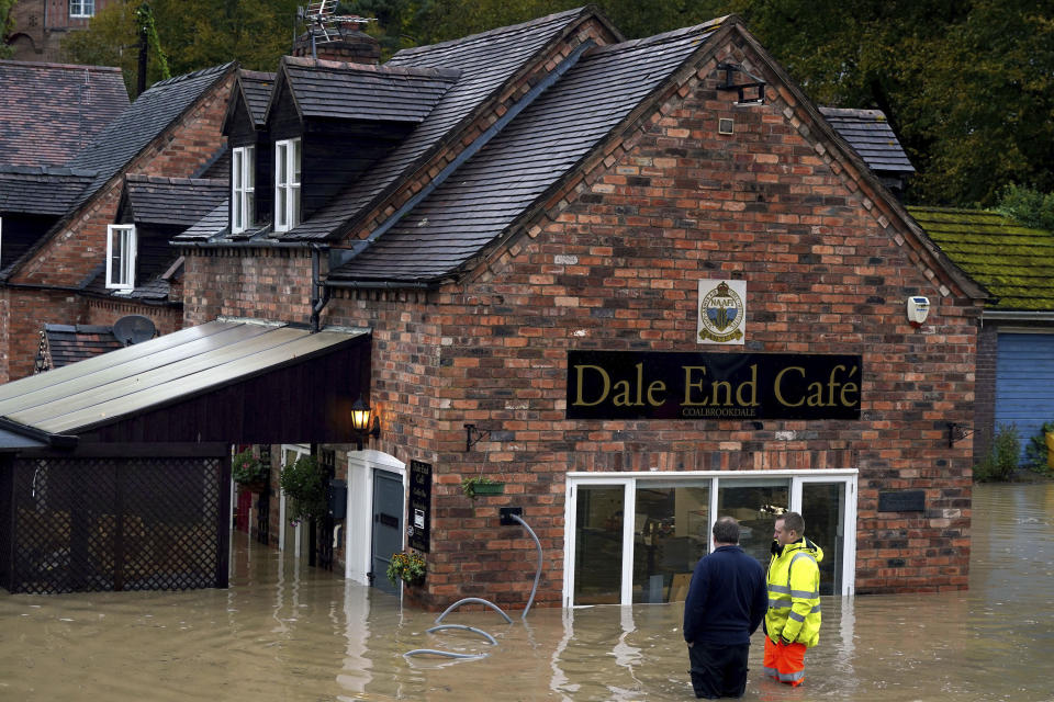 The Dale End Cafe in Coalbrookdale is flooded after a nearby brook broke its banks as Storm Babet batters the country, in Telford, England, Friday, Oct. 20, 2023. Flood warnings are in place in Scotland, as well as parts of northern England and the Midlands. (Nick Potts/PA via AP)