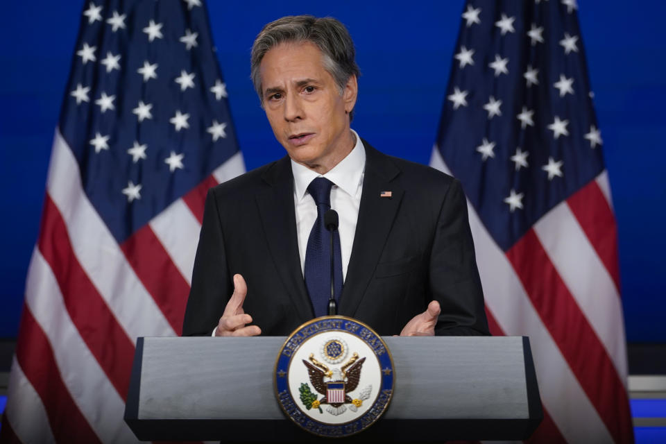 Secretary of State Antony Blinken speaks at George Washington University in Washington, Thursday, May 26, 2022, outlining the administration's policy toward China at an event hosted by the Asia Society. (AP Photo/ Carolyn Kaster)