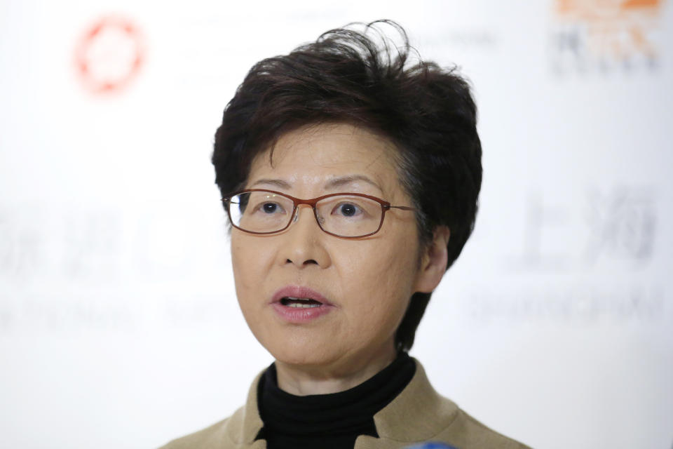 Hong Kong's Chief Executive Carrie Lam attends a news conference ahead of a Hong Kong Chamber of Commerce dinner in Shanghai, Tuesday, Nov. 5, 2019. (Aly Song/Pool Photo via AP)