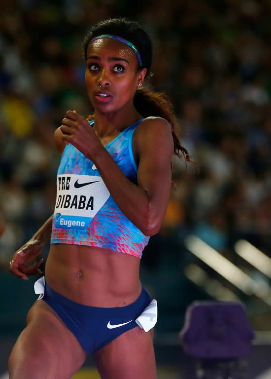 Genezebe Dibaba of Ethiopia competes in the 5000m during the 2017 Prefontaine Classic Diamond League meet, at Hayward Field in Eugene, Oregon, on May 26