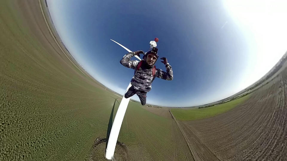 A daring BASE jumper performed a perfect 'low level' stunt from a wind turbine but ended up face-planting the ground after he literally ploughed into a field. Kevin Marret, 28, had a lucky escape - with only his ego bruised - after the less than stellar landing after leaping off the 280ft turbine in the Midi- Pyrenees. The beautiful footage starts out well as Kevin jumps and freefalls for a moment before pulling his shoot. But he opened his chute a fraction of a second too late and, due to excessive forward momentum, ate dirt. Luckily Kevin was uninjured hurt and can see the funny side of the whole affair. Kevin, from Paris, France, said: “I was visiting the location for Base jumping. I performed my chute pull too low, plus it was a bit windy. I need less delay before I pull next time.”