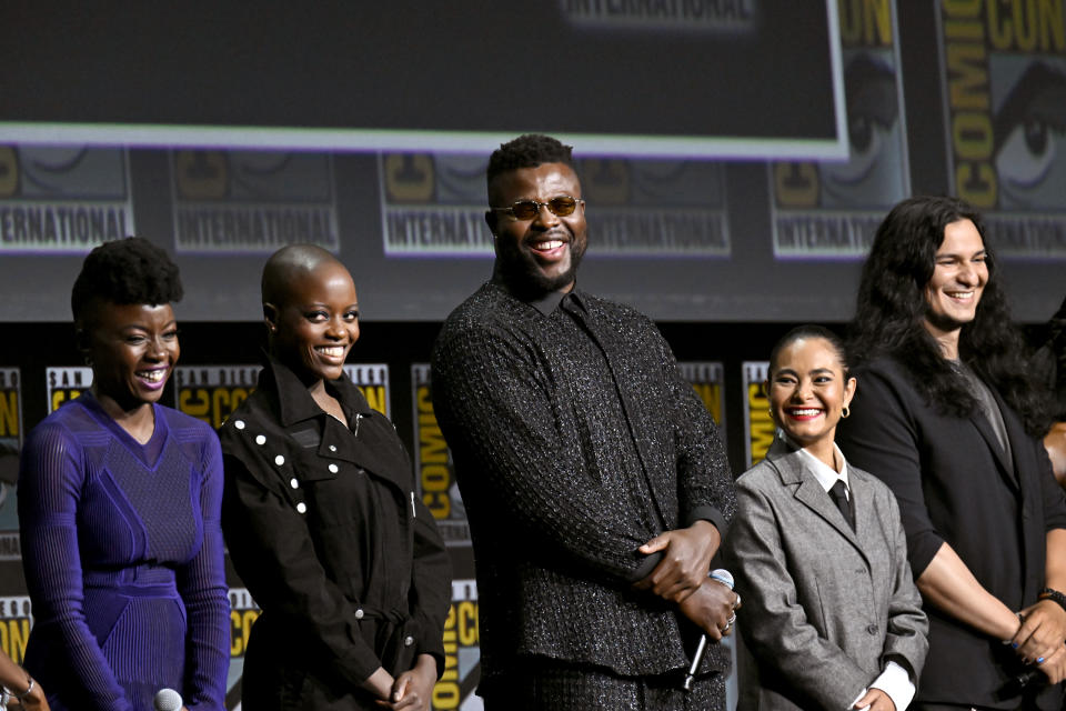 (L-R) Danai Gurira, Florence Kasumba, Winston Duke on Saturday - Credit: Michael Buckner/GI