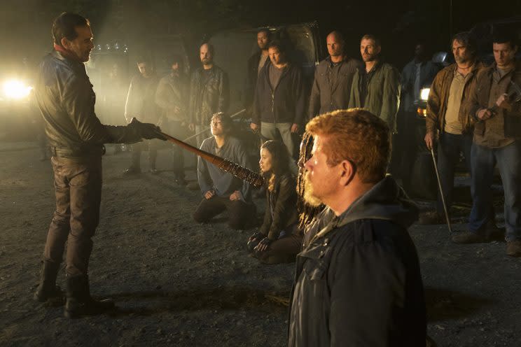 Jeffrey Dean Morgan as Negan, Michael Cudlitz as Abraham Ford, Danai Gurira as Michonne, Norman Reedus as Daryl Dixon, Christian Serratos as Rosita Espinosa, and Steven Yeun as Glenn Rhee (Credit: Gene Page/AMC)