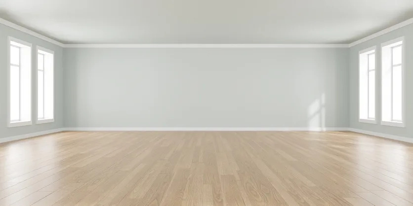 Empty room with bare walls, hardwood floors, and multiple windows